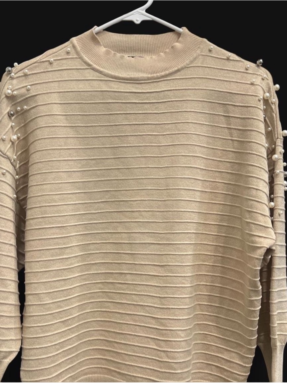 Pearl-Embellished Cream Ribbed Crewneck Sweater